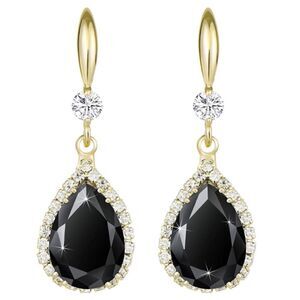 14K Yellow Gold with Black Onyx Cubic Zirconia Teardrop Hook Dangling Earrings